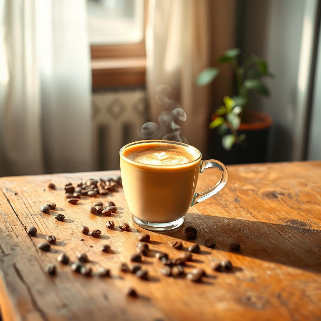 A steaming cup of coffee on a rustic wooden table, with beautiful latte art on the surface