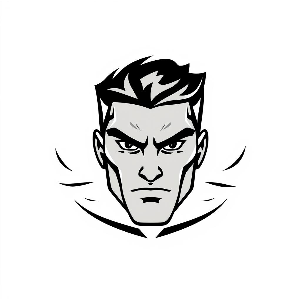 A logo design featuring a stylized face of a male with sharp features, an angular jawline, and a confident expression