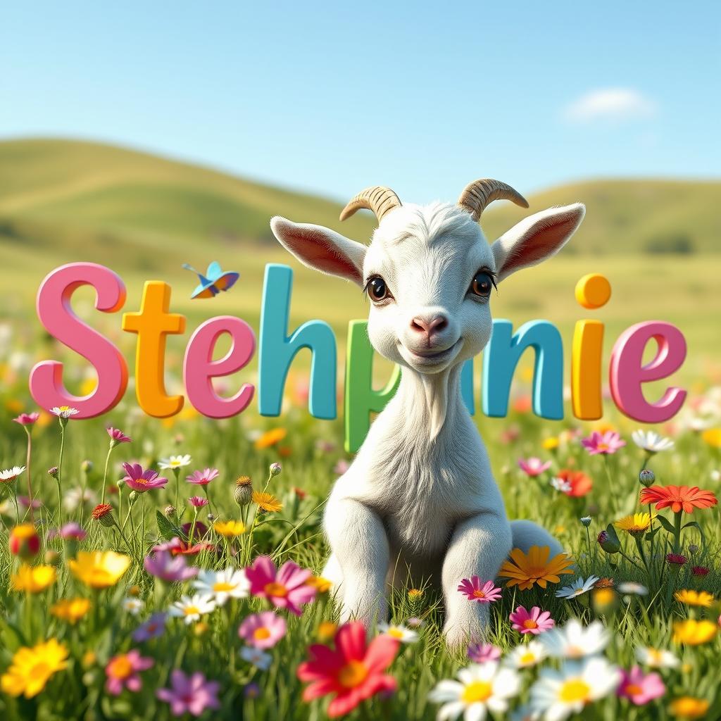 A charming 3D image featuring a playful goat kid alongside the name 'Stéphanie' elegantly rendered in colorful letters