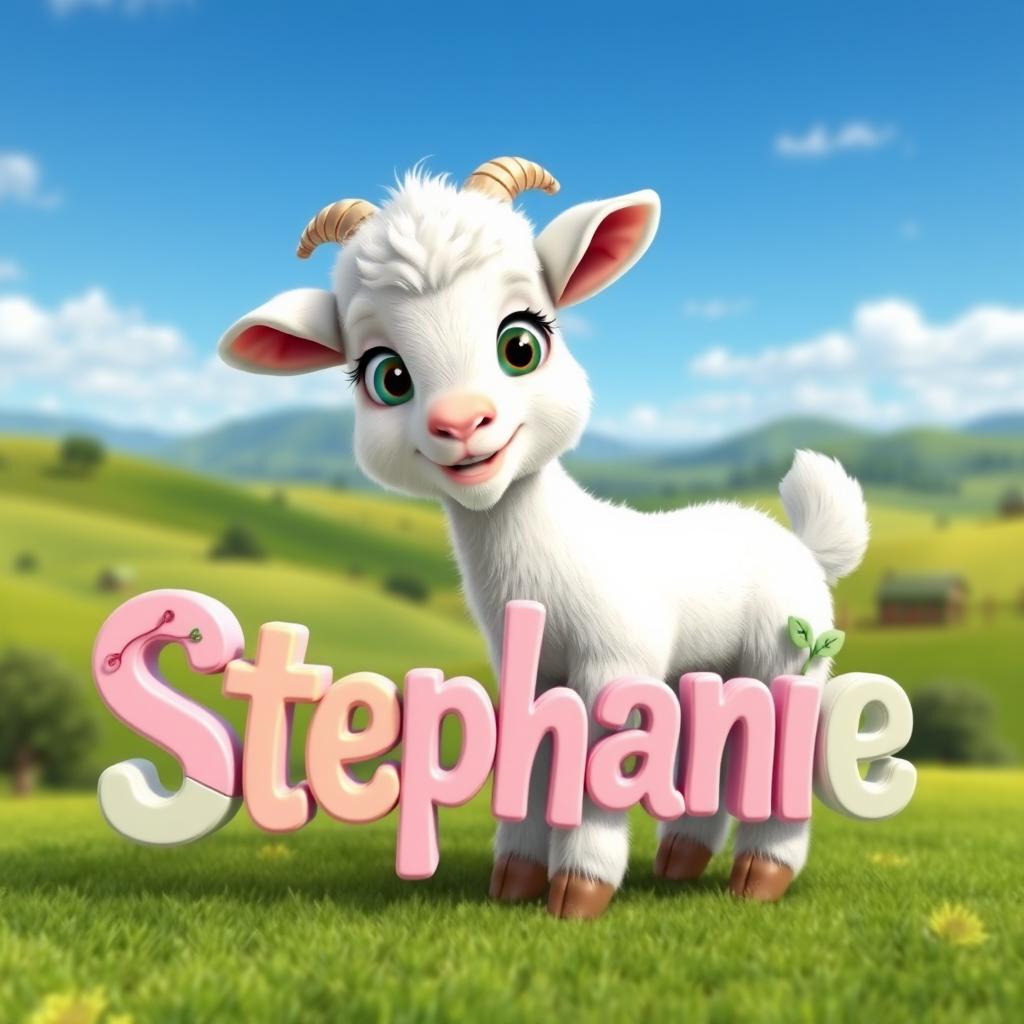 A delightful 3D image featuring an adorable goat kid alongside the name 'Stephanie' rendered in colorful, dynamic letters