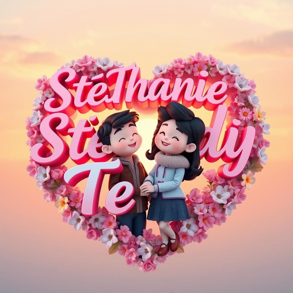 A romantic 3D image depicting the names 'Stéphanie' and 'Teddy' beautifully intertwined together in vibrant, flowing letters
