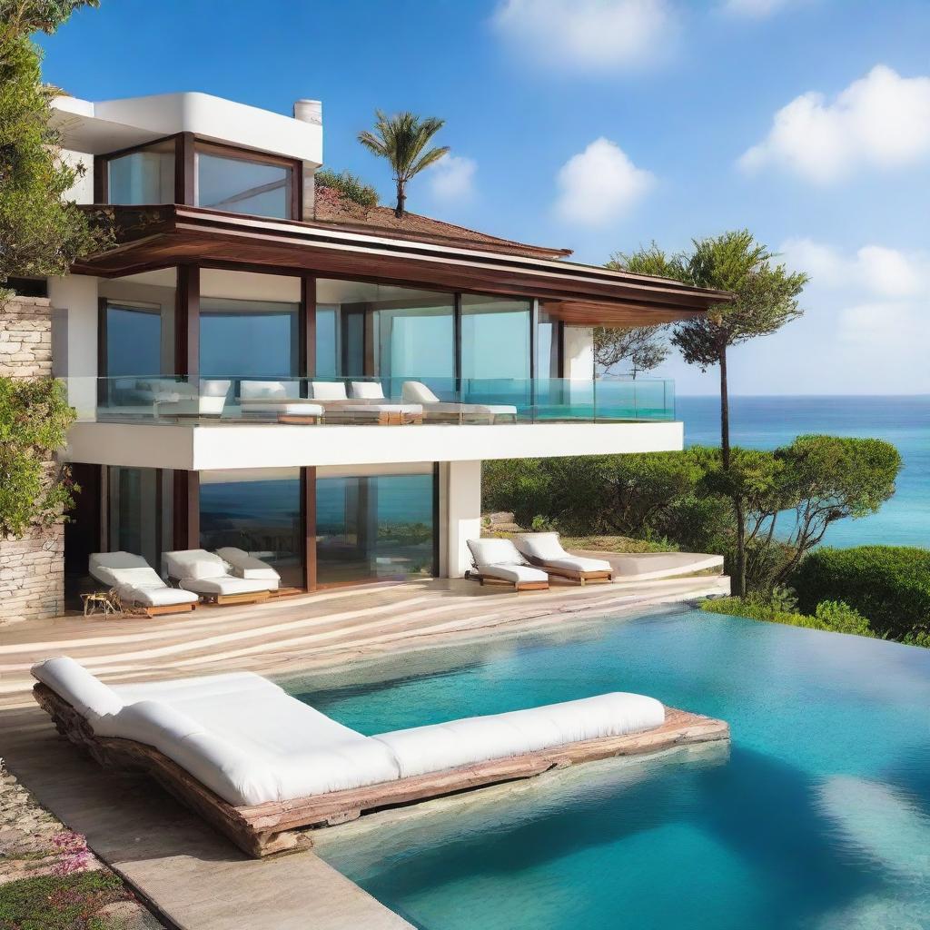 A stunning villa overlooking the expansive sea, featuring an infinity pool that seems to blend seamlessly with the ocean beyond.