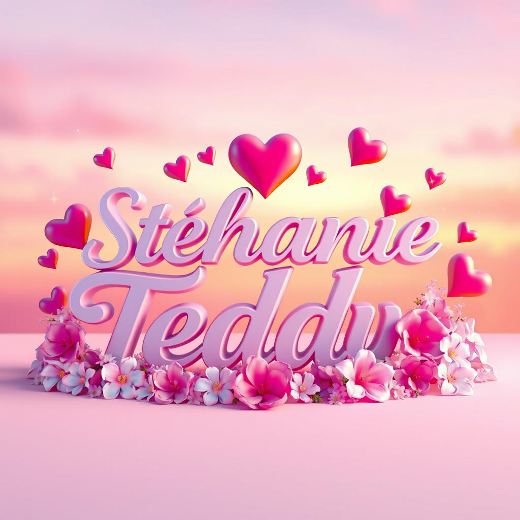A romantic 3D image showcasing the names 'Stéphanie' and 'Teddy' elegantly intertwined in a beautiful font