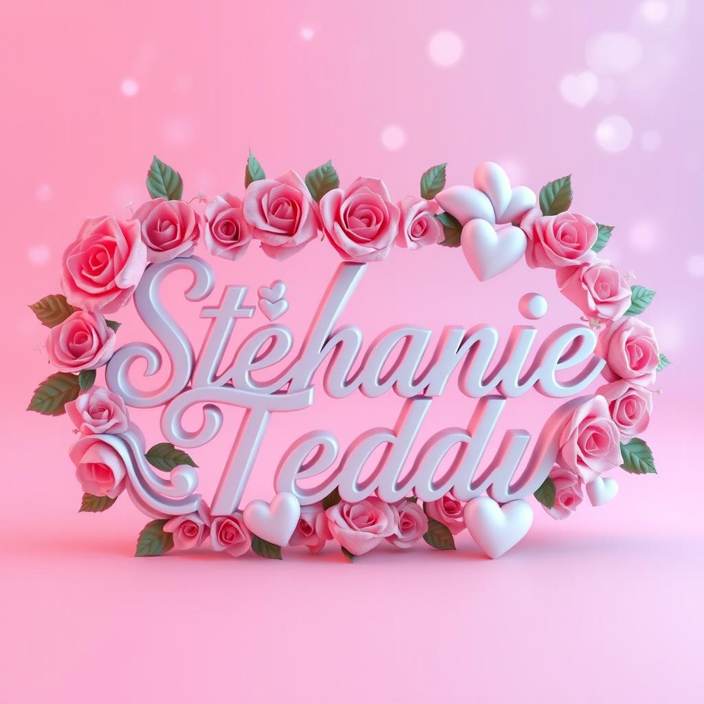 A romantic 3D image showcasing the names 'Stéphanie' and 'Teddy' artistically intertwined in an elegant and flowing script