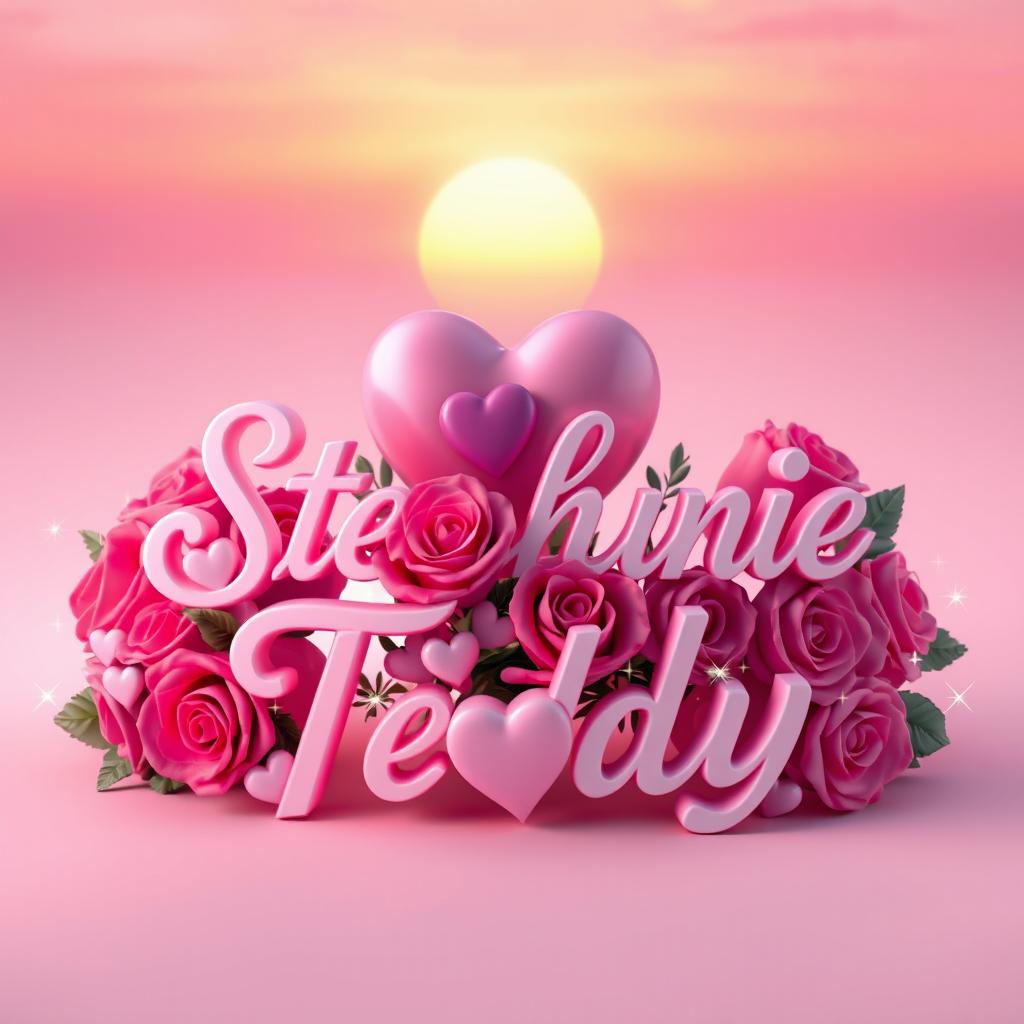 A romantic 3D image featuring the names 'Stephanie' and 'Teddy' beautifully intertwined in an elegant cursive font