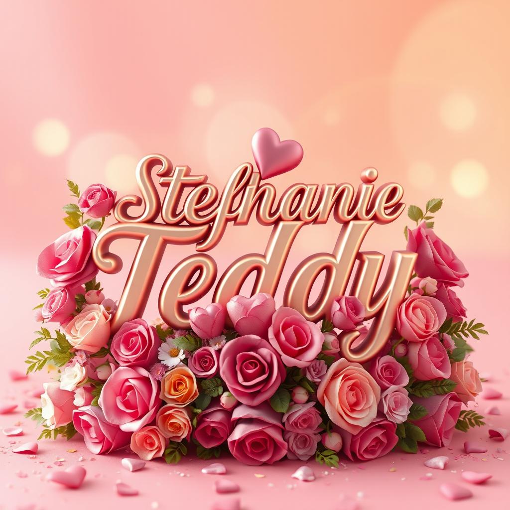 A romantic 3D image featuring the names 'Stephanie' and 'Teddy' beautifully crafted in an elegant cursive font