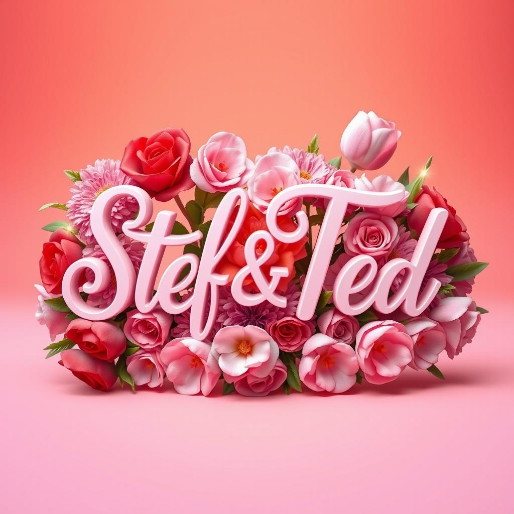 A romantic 3D image featuring the names 'Stef' and 'Ted' elegantly intertwined in a stylish cursive font