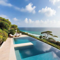 A stunning villa overlooking the expansive sea, featuring an infinity pool that seems to blend seamlessly with the ocean beyond.