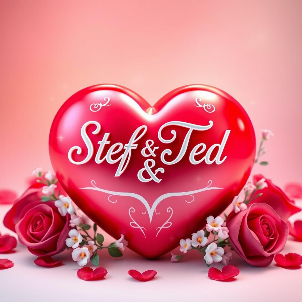 A romantic 3D heart image featuring the names 'Stef' and 'Ted' beautifully carved into the center of the heart in elegant cursive font