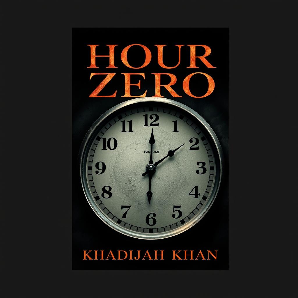 A book cover design featuring the title "Hour Zero" in bold, striking font at the top, and the author's name "Khadijah Khan" elegantly placed below