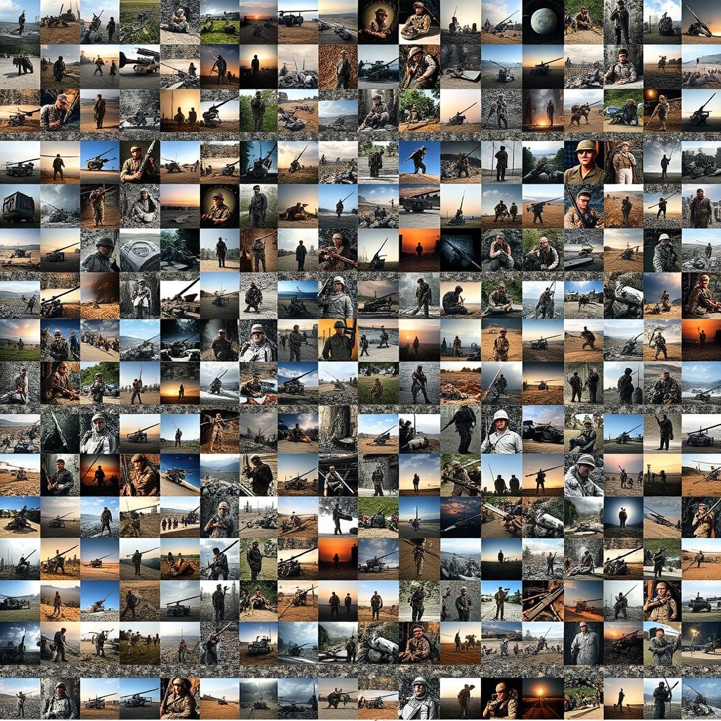 A digital collage comprising 200 individual photos arranged in a tightly knit grid format, showcasing various war situations from around the world during the 20th and 21st centuries