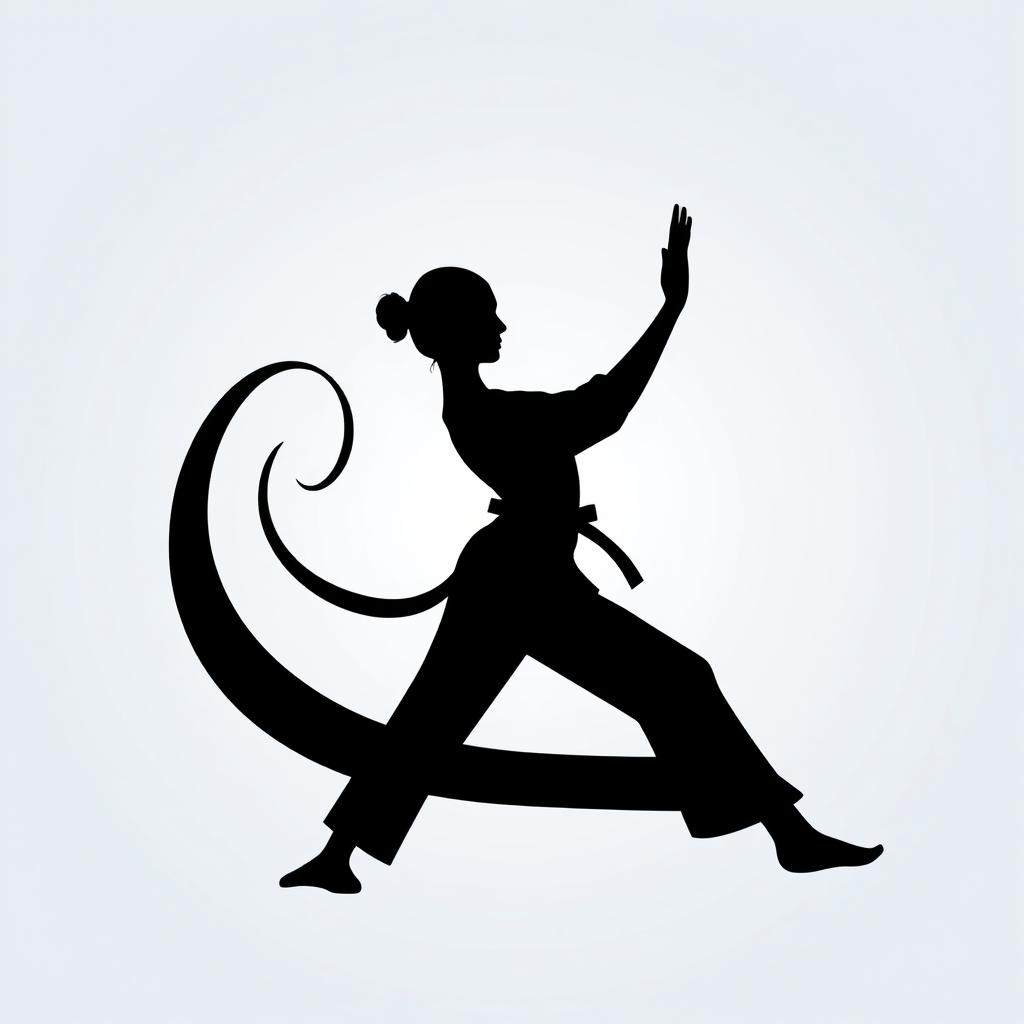 A minimalist silhouette artwork combining the poses of yoga and karate within a single silhouette figure