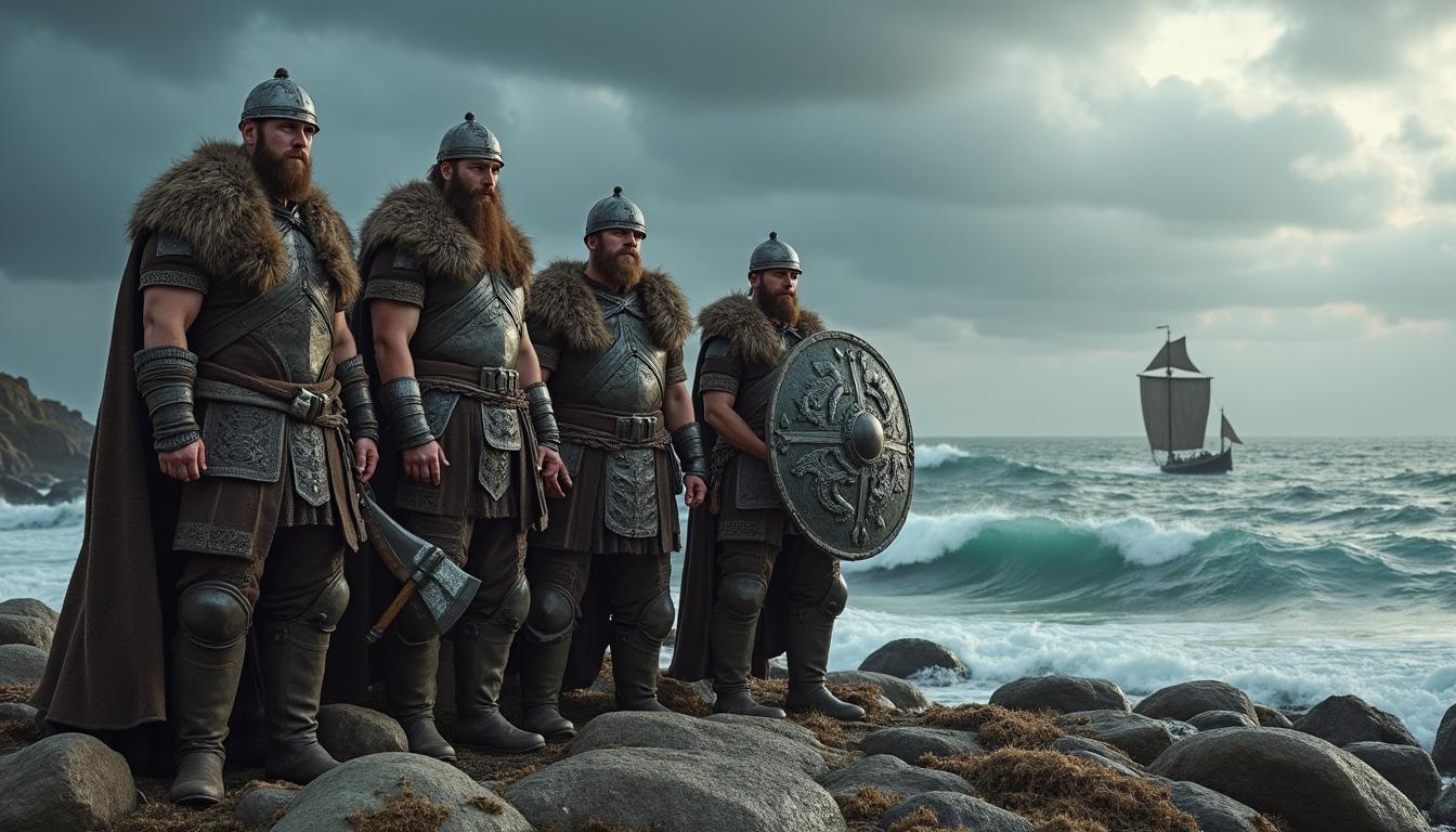 A fierce group of Viking warriors standing confidently on a rugged shore, dressed in traditional Viking armor and helmets, with ornate shields and woolen cloaks, showcasing intricate Norse designs