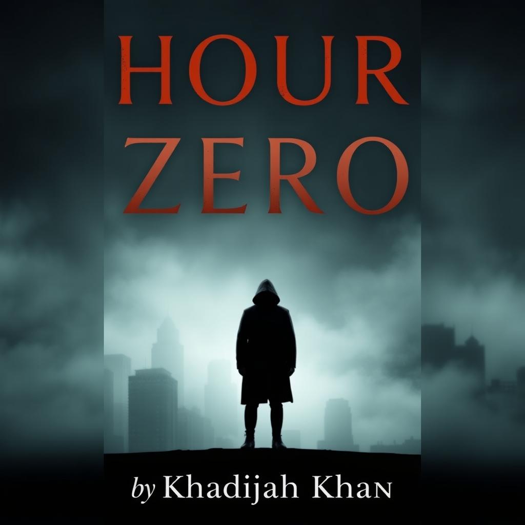 A book cover design featuring the title "Hour Zero" in bold, prominent font at the top, while the author's name "by Khadijah Khan" is presented in a small, elegant font below