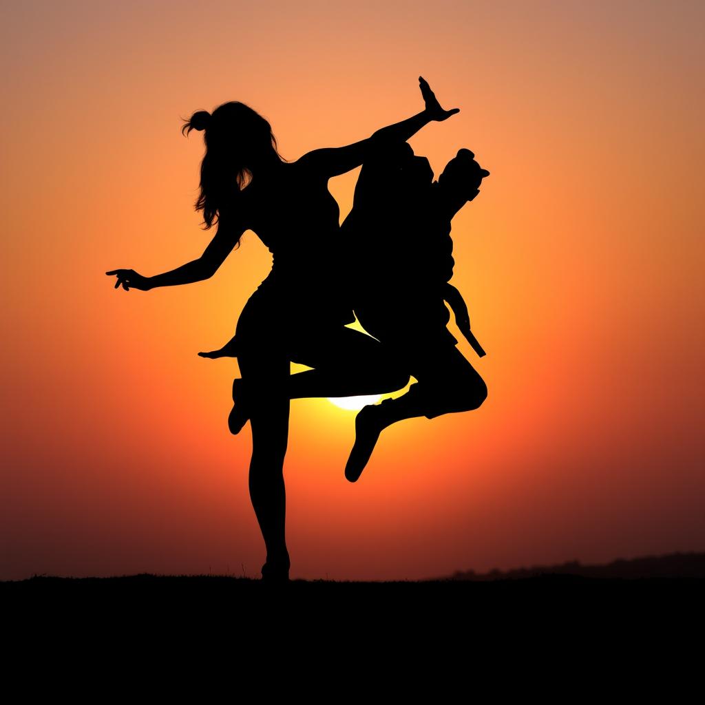 A silhouette of a person dancing that seamlessly merges into a yoga silhouette and a karate fighter silhouette