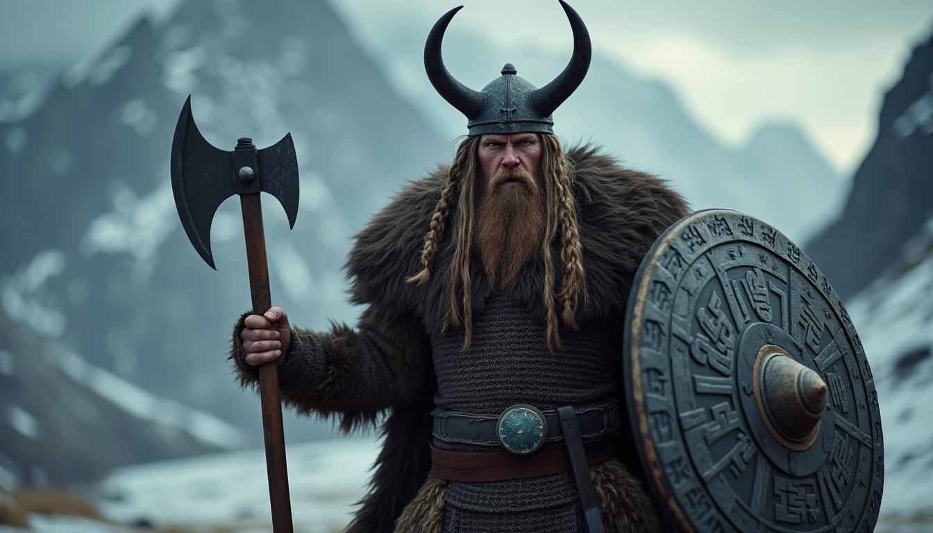 A fierce Viking warrior in full battle gear, wearing a horned helmet, a chainmail shirt, and a fur cloak