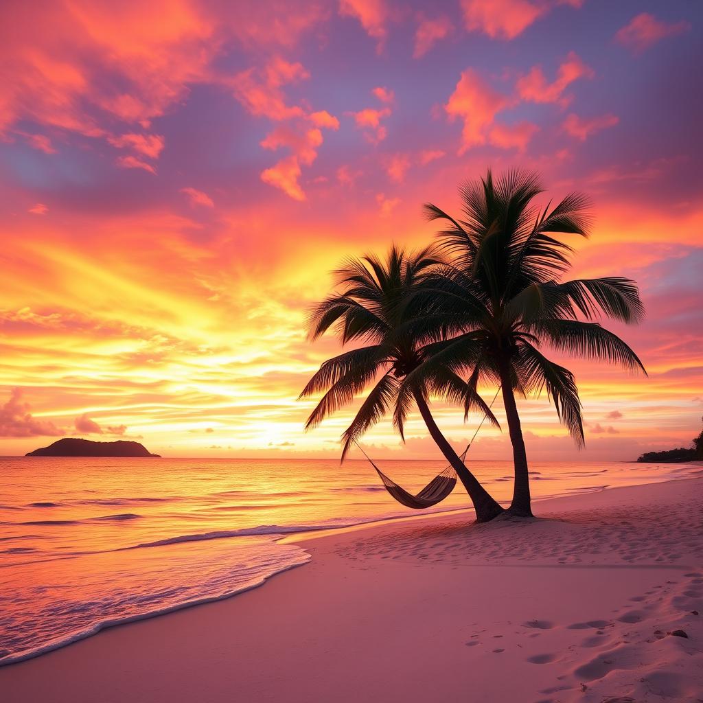 A serene tropical beach at sunset, with the sky ablaze in vibrant shades of orange, pink, and purple