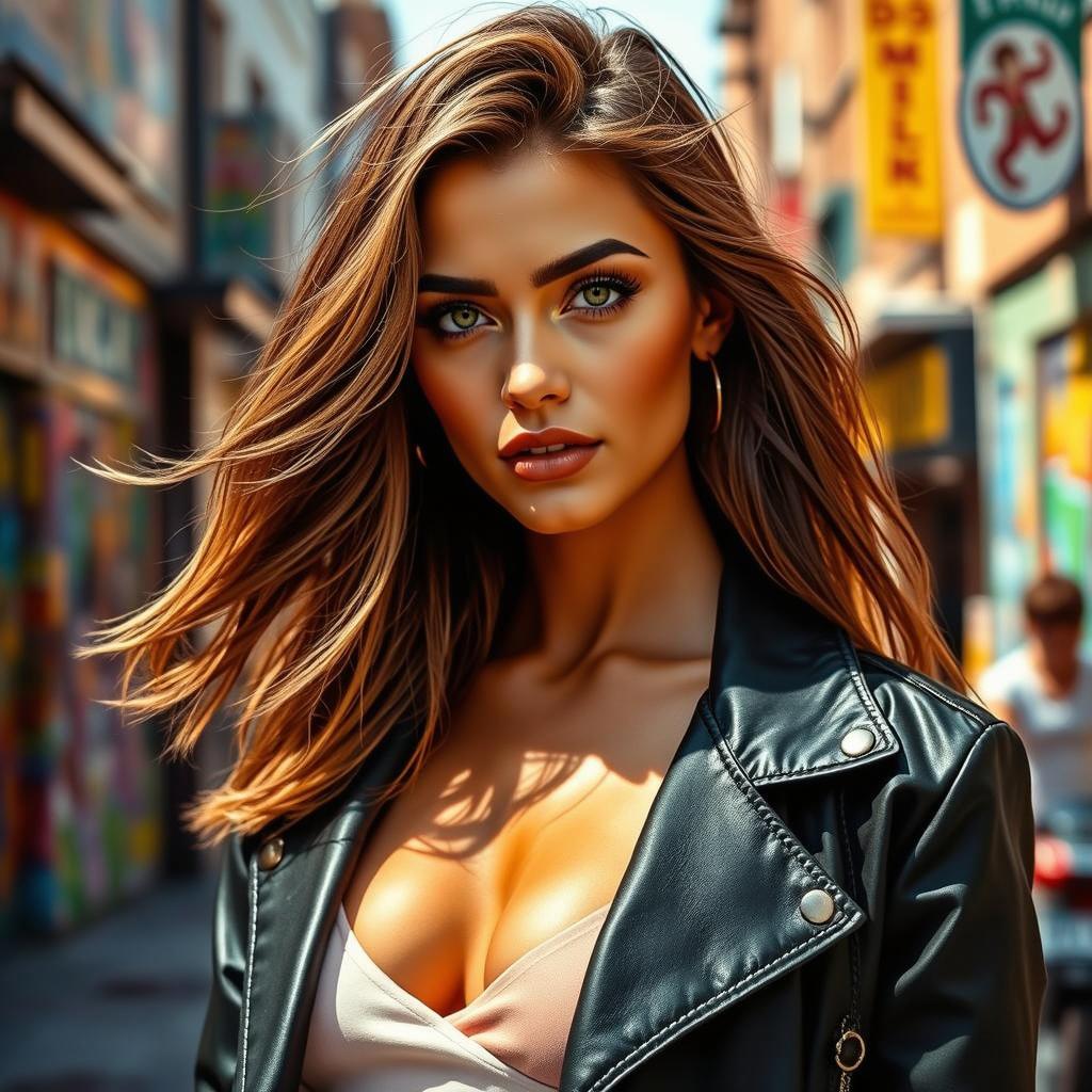 A stunning female model with light green eyes and flowing hair, wearing a black leather jacket
