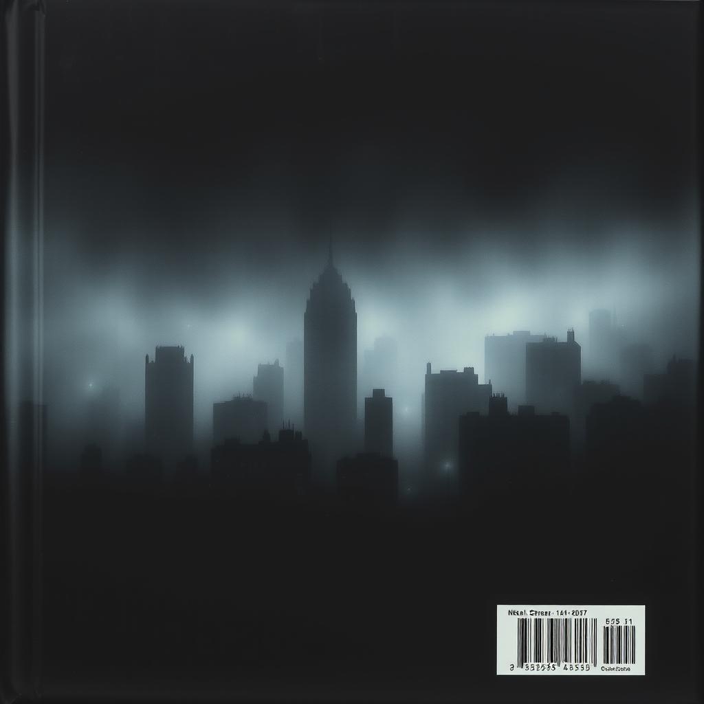 A dark and gloomy book back cover depicting an abstract representation of a city shrouded in fog and shadows