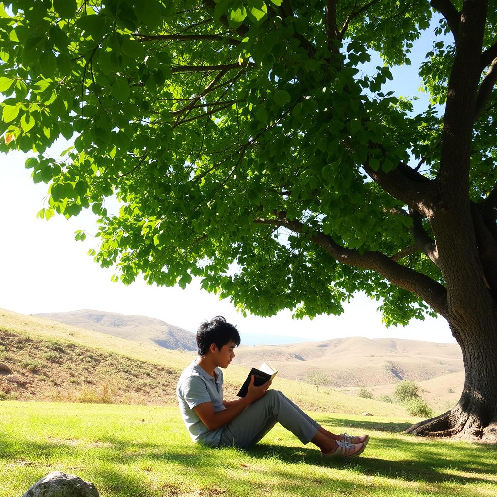 A serene scene of a man sitting comfortably beneath a lush green tree, engrossed in reading a book