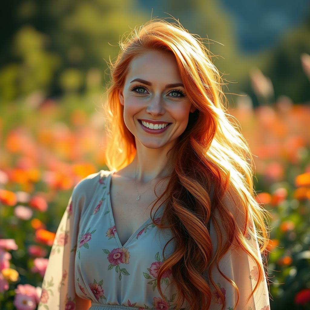 A gentle and kind woman with long, flowing red hair that glistens in the sunlight