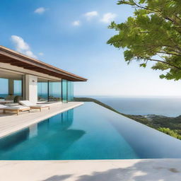 An exquisite villa with a breathtaking view of the sea, enhanced with a beautiful infinity pool that merges with the horizon.