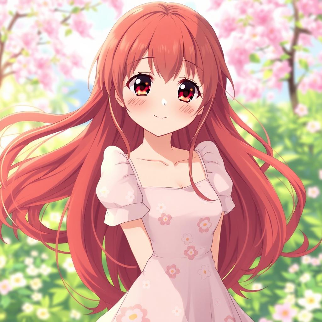 A gentle and kind anime woman with long, flowing red hair that beautifully cascades down her back