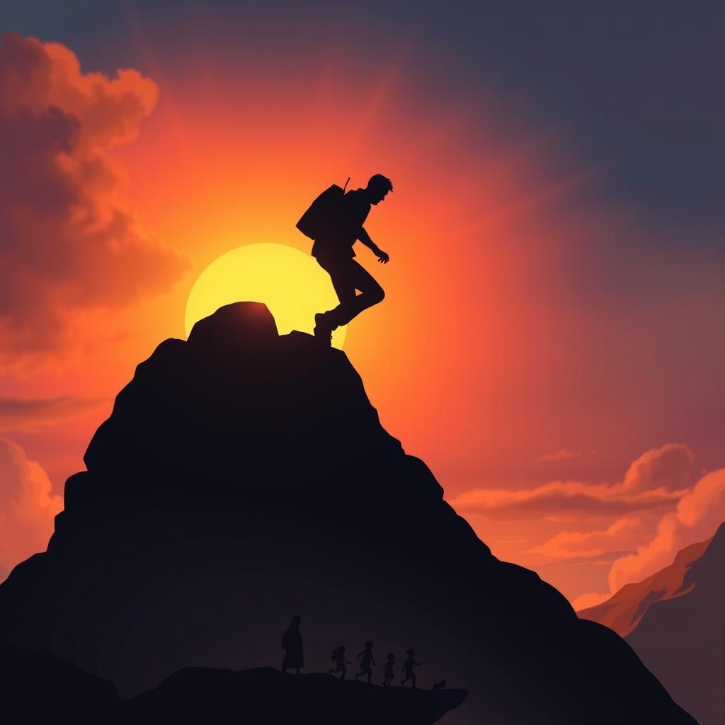 An animated book cover depicting a shadowy figure of a man climbing a rugged mountain