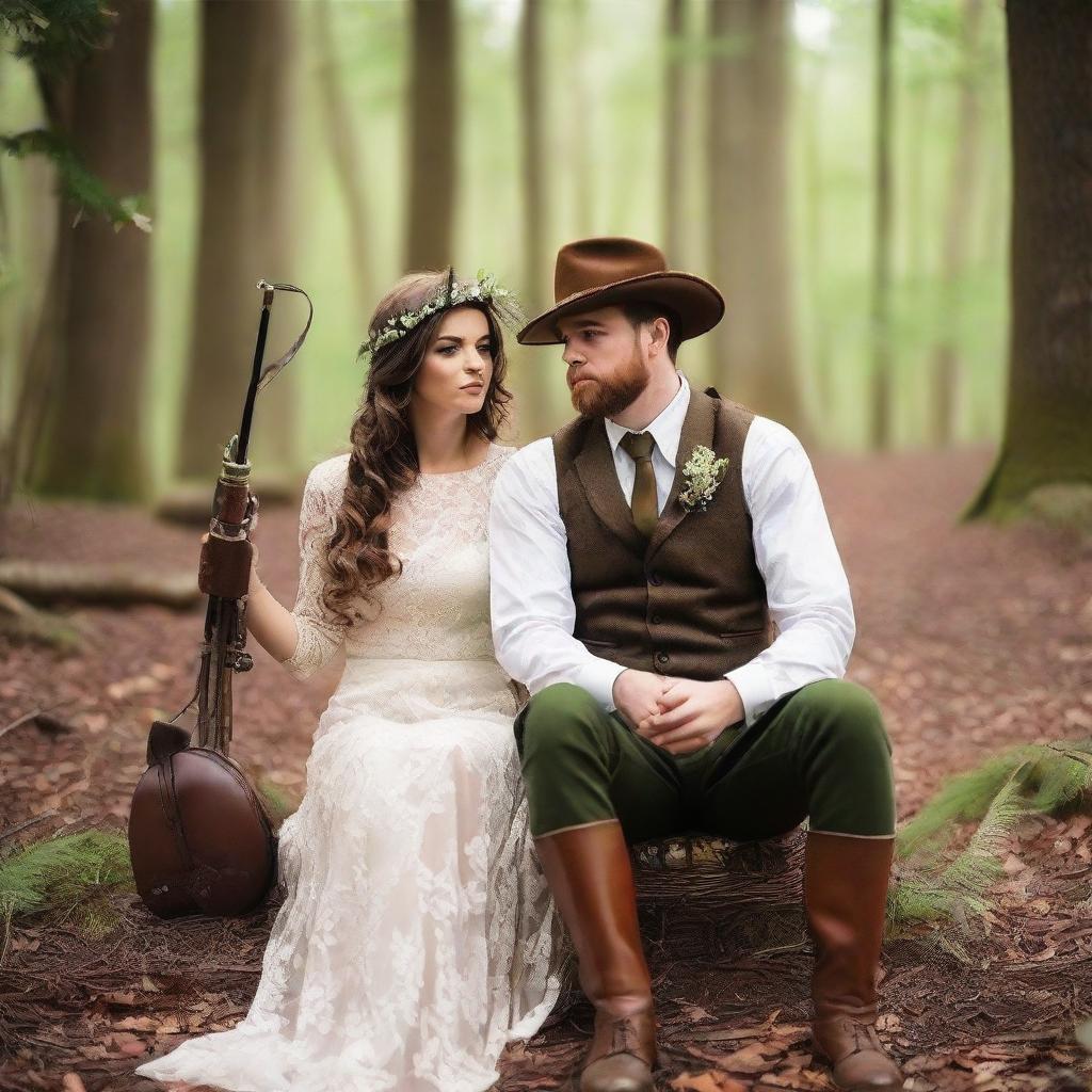 A wedding theme portraying a hunting landscape. Bride and groom in elegant hunting-inspired outfits in a serene forest setting with vintage hunting equipment as part of the decorations.