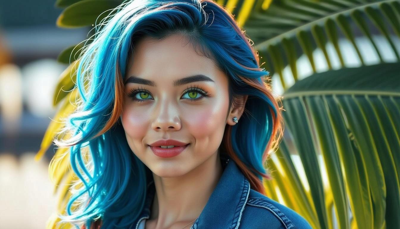 A mesmerizing female model with vibrant blue hair featuring subtle hues of orange, and striking green eyes