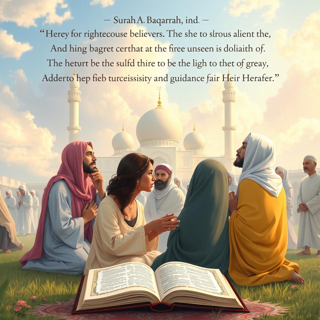 A serene and inspiring depiction of the qualities of righteous believers as highlighted in Surah Al-Baqarah, showcasing a diverse group of individuals engaged in prayer in a peaceful setting