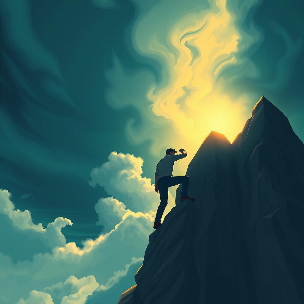An animated book cover featuring the shadow of a determined man climbing a steep mountain, signifying his quest to rediscover what it means to be a father and husband