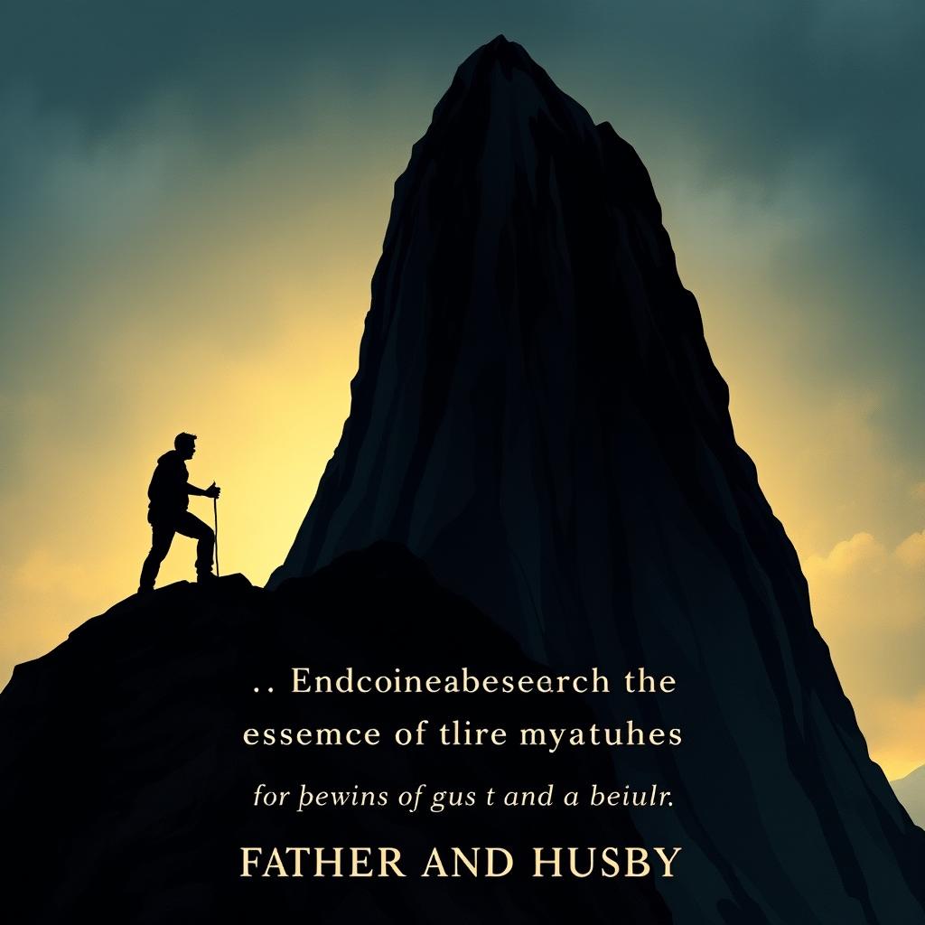 A dramatic book cover illustration depicting a shadowy silhouette of a man climbing an exaggeratedly massive, rocky mountain