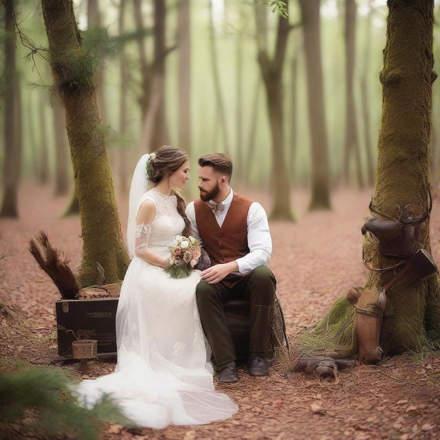 A wedding theme portraying a hunting landscape. Bride and groom in elegant hunting-inspired outfits in a serene forest setting with vintage hunting equipment as part of the decorations.