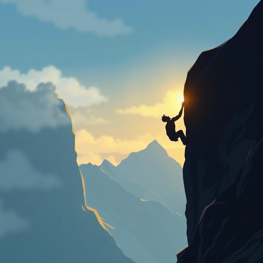 An animated book cover depicting a silhouetted shadow of a man precariously hanging onto the side of an exaggeratedly large mountain, representing his struggle and determination