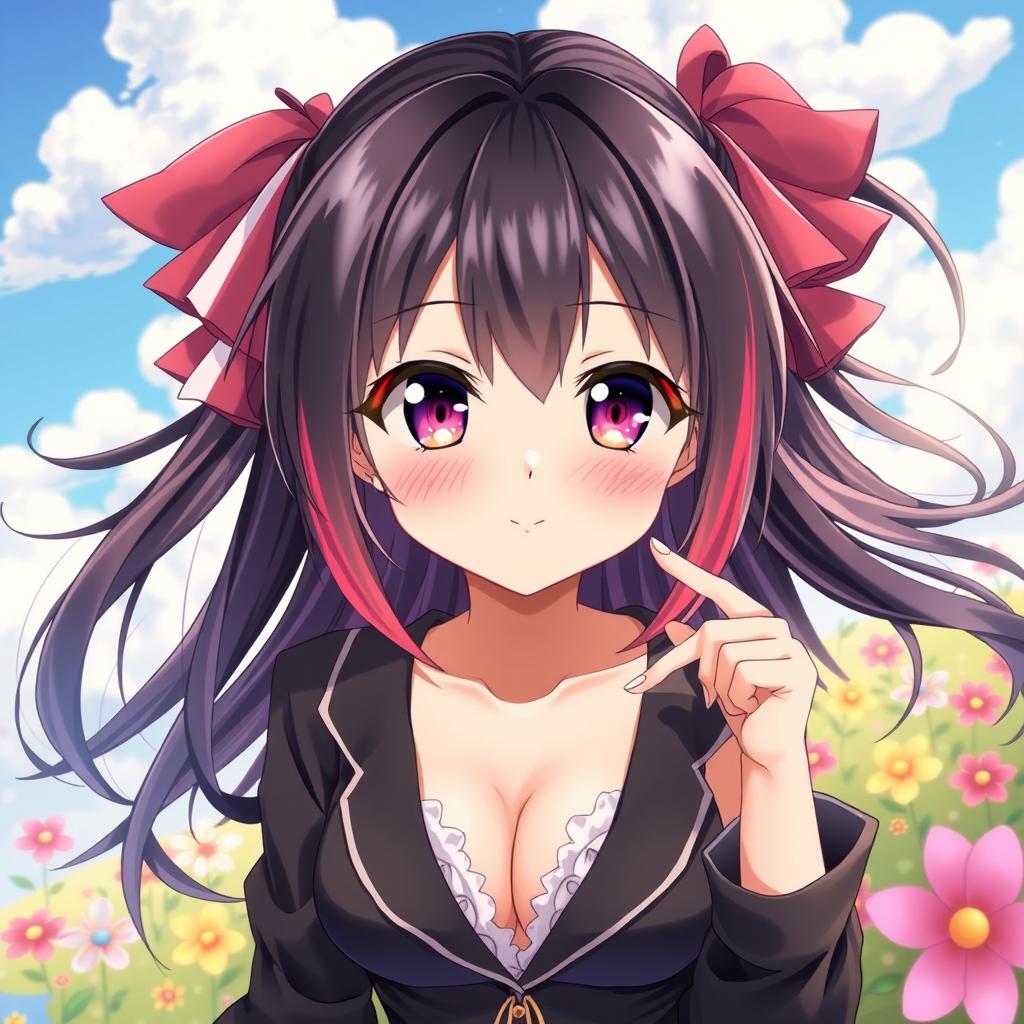 An attractive anime girl with a stylish outfit featuring a low-cut neckline, emphasizing her elegant and playful demeanor