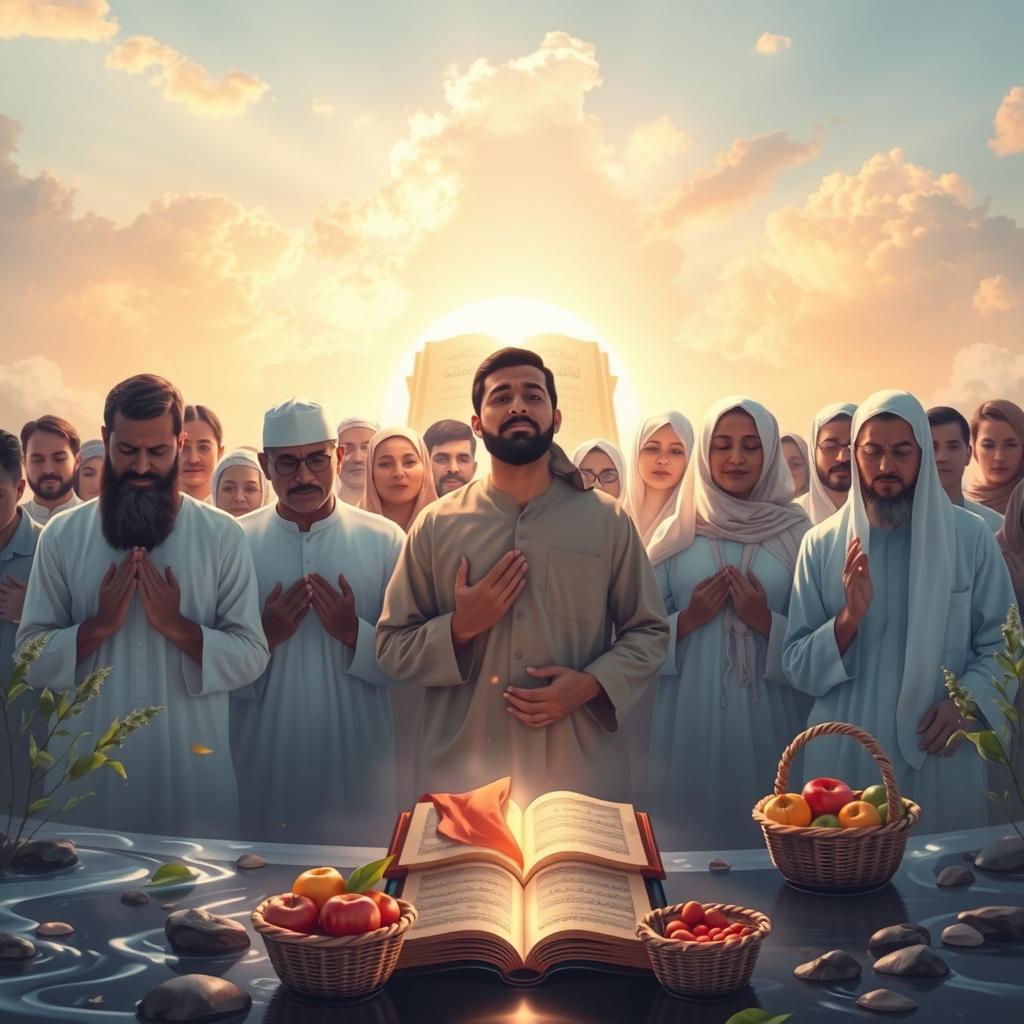 A tranquil and inspiring scene that embodies the essence of righteousness and faith, illustrating the core qualities of believers as described in the first five verses of Surah Al-Baqarah