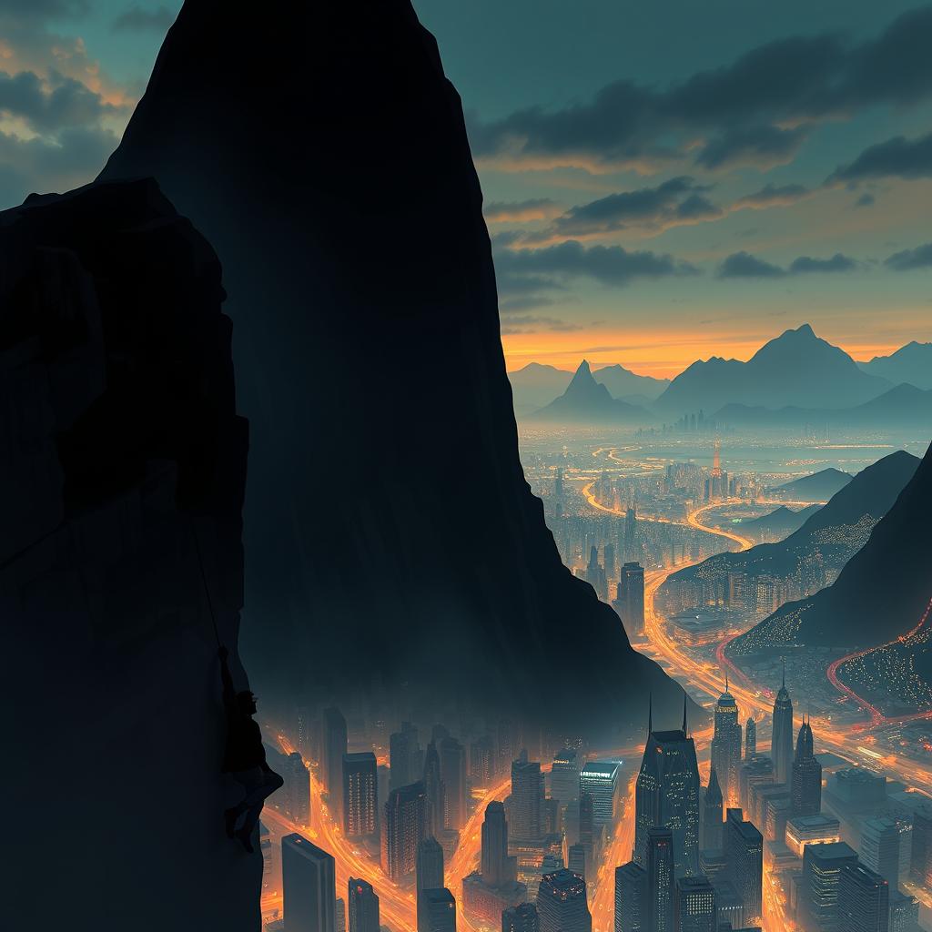 An animated book cover featuring a shadowy silhouette of a man precariously hanging off the edge of a gigantic mountain, exaggerated in size, that towers over a vibrant, bustling cityscape below