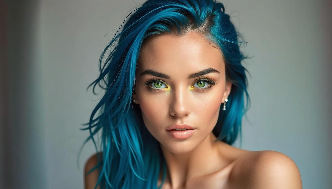 A stunning portrait of a female model with long, flowing blue hair cascading down her shoulders