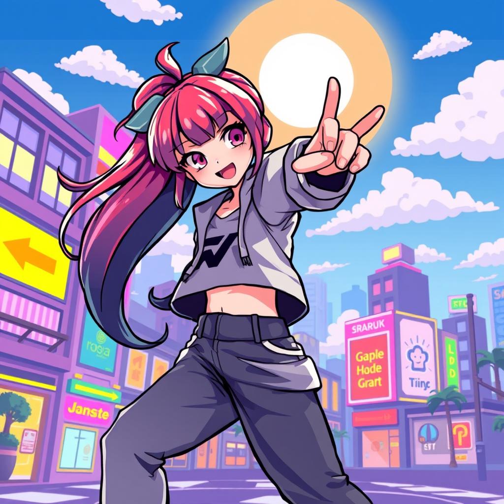 A girl striking a pose in vibrant pixel art style, showcasing a playful expression and dynamic stance