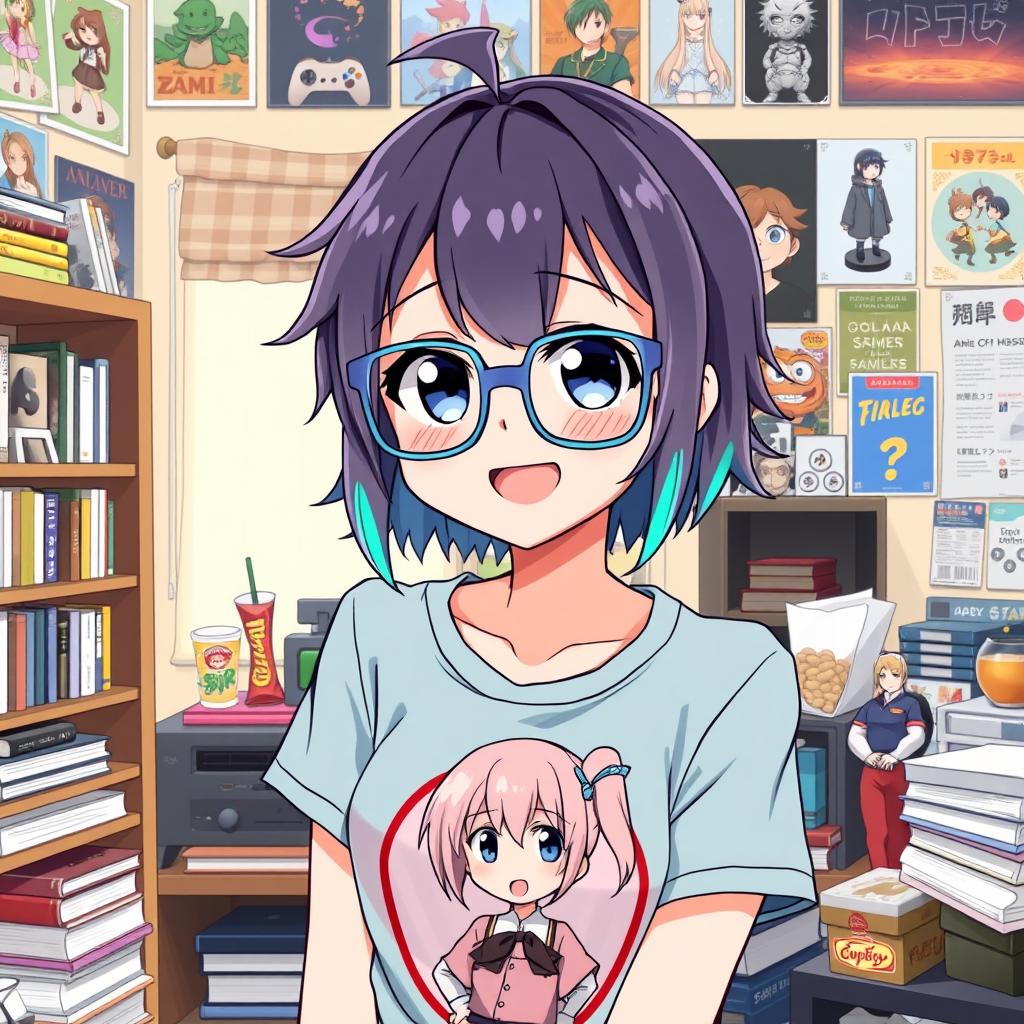 An anime girl with a nerdy vibe, wearing oversized glasses and a cute graphic t-shirt featuring her favorite anime character