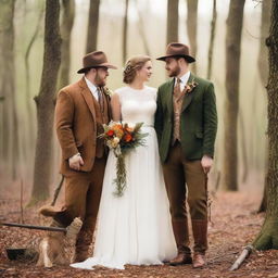 A wedding theme portraying a hunting landscape. Bride and groom in elegant hunting-inspired outfits in a serene forest setting with vintage hunting equipment as part of the decorations.