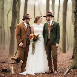 A wedding theme portraying a hunting landscape. Bride and groom in elegant hunting-inspired outfits in a serene forest setting with vintage hunting equipment as part of the decorations.