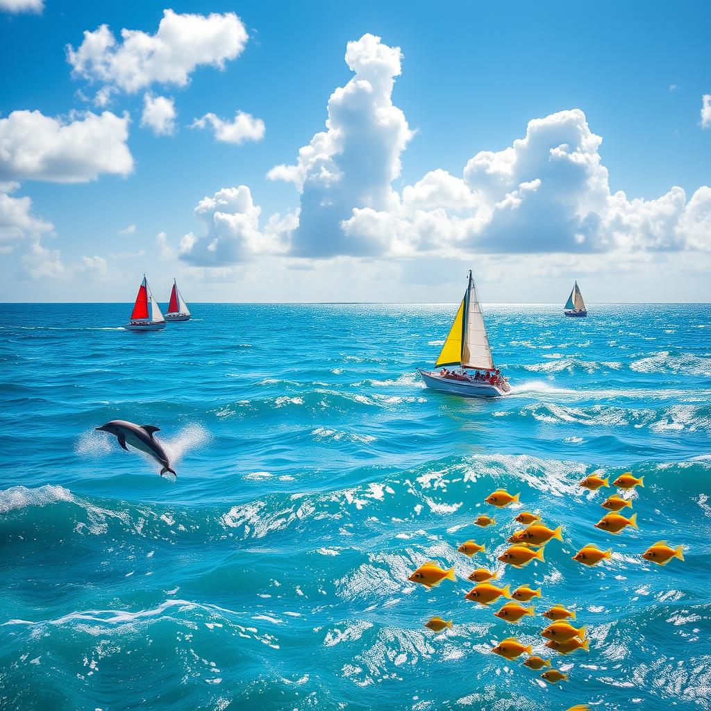 A picturesque seaside landscape featuring a vibrant ocean with gentle waves