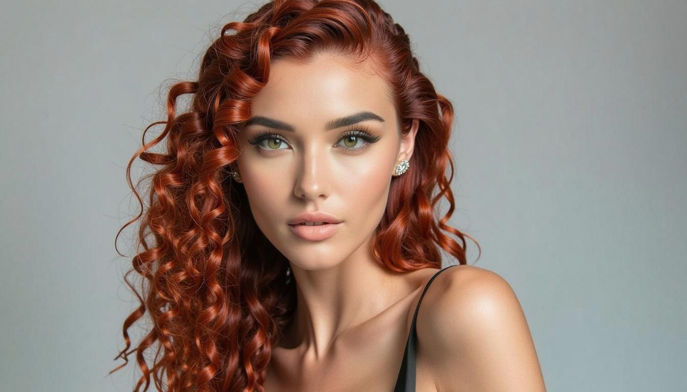 A striking portrait of a female model with long, curly red hair that adds volume and texture, framing her face beautifully