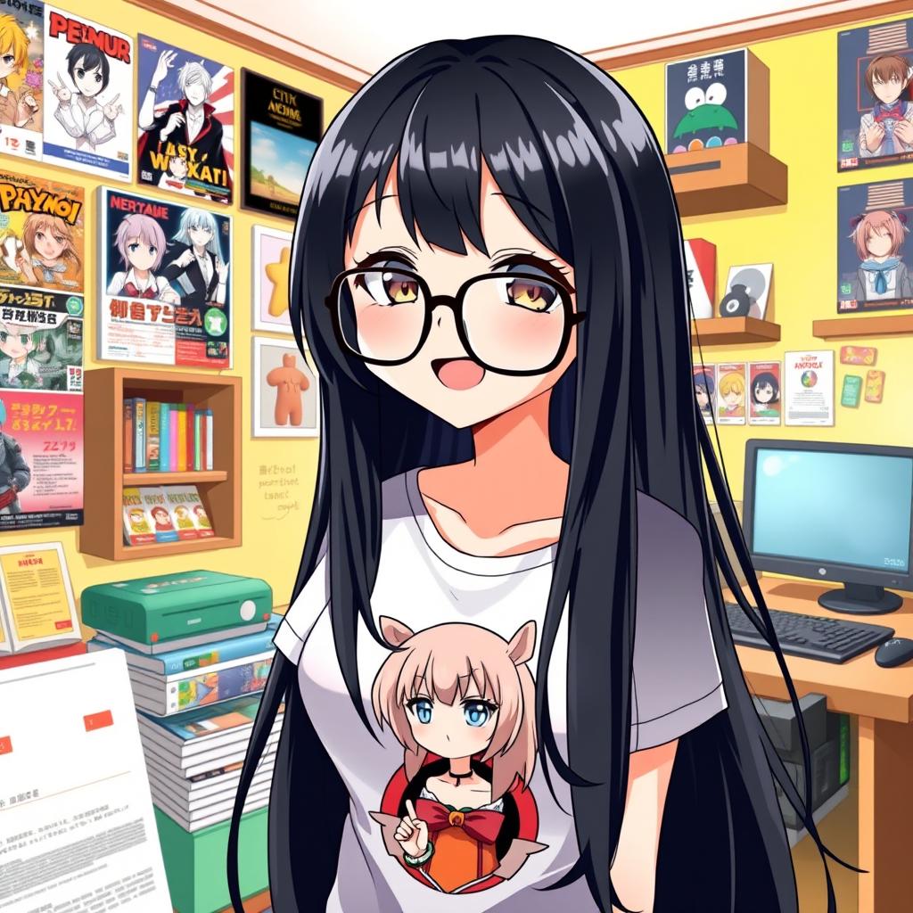 An anime girl with long black hair, styled elegantly and flowing down her back