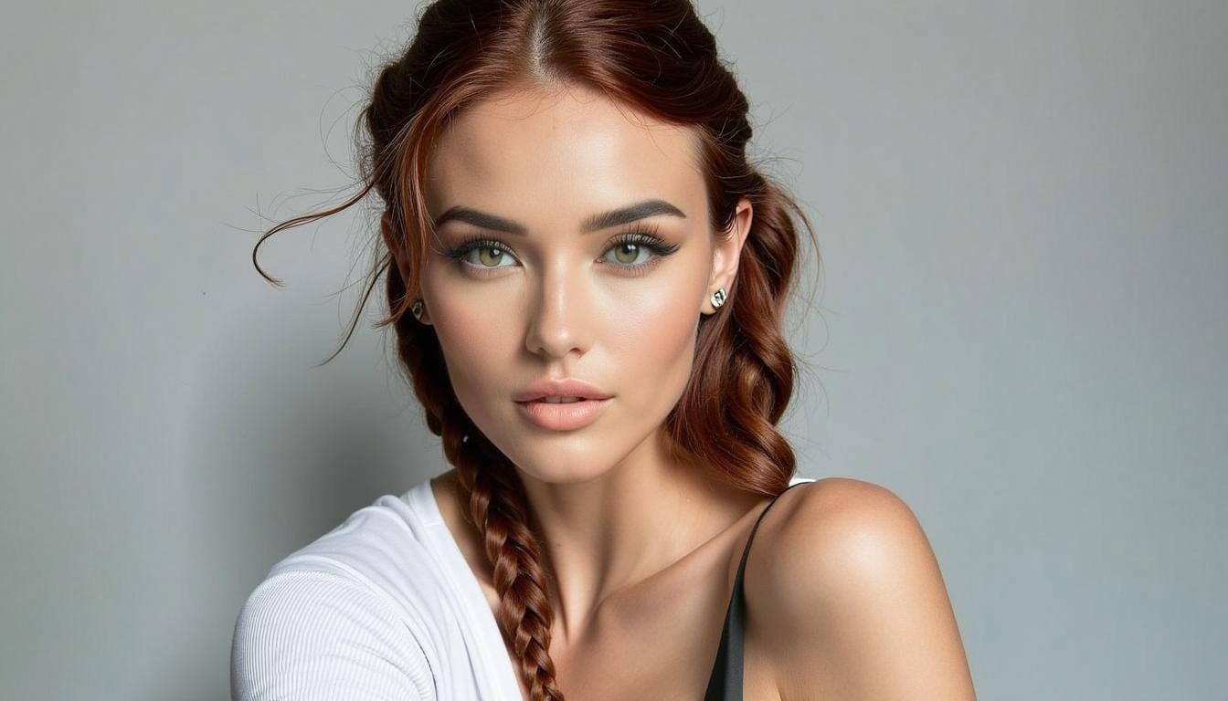 A stylish portrait of a female model with vibrant red hair styled in playful pigtails, cascading down her shoulders in soft curls