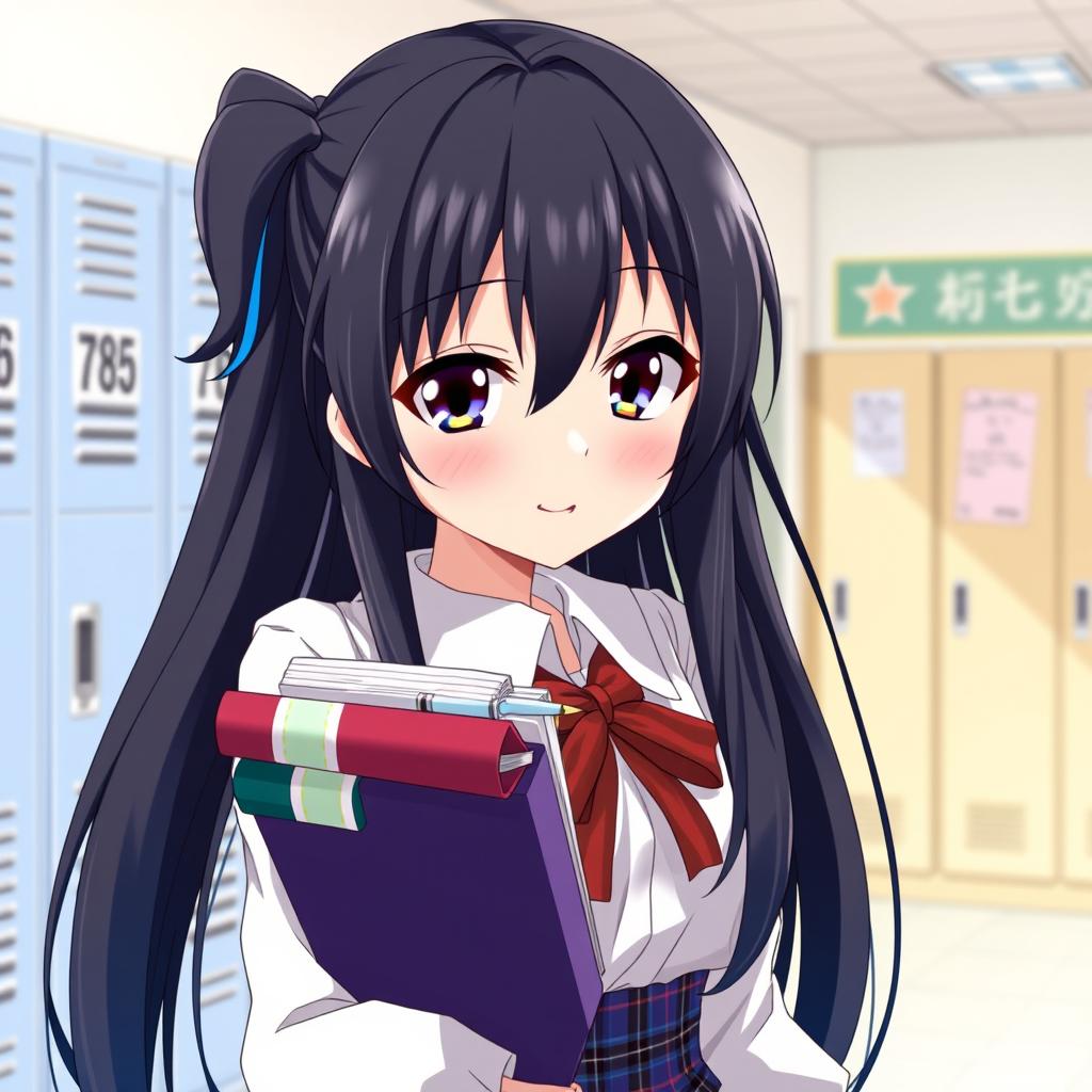 An anime girl styled as a student with long dark hair featuring striking blue highlights