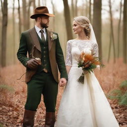 A wedding theme portraying a hunting landscape. Bride and groom in elegant hunting-inspired outfits in a serene forest setting with vintage hunting equipment as part of the decorations.