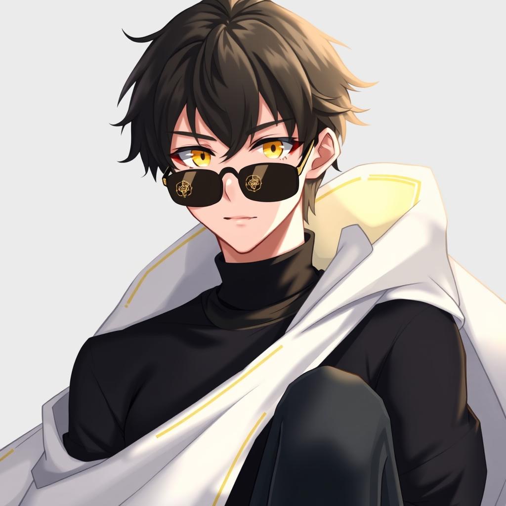 A 20-year-old white male character with striking topaz-yellow eyes and medium-length black hair that is slightly messy with bangs on his forehead